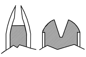 Showing a typical construction of Hollow Point (HP) bullets for a rifle at about 2000fps Impact Velocity (left) and a pistol at about 800fps Impact Velocity (right)