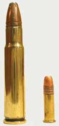 The .356 Winchester was a short-lived development to provide a more powerful cartridge for lever actioned Winchester rifles. It is shown with a .22 Rimfire for comparison