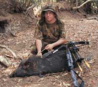 Jake Goodwin takes a pig at 20 metres with his powerful crossbow