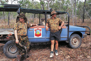 The four-wheel vehicle transports the hunters to the general location of the hunt. On the left, Jake Goodwin plans the day&rsquo;s hunt with guide Phil Bray