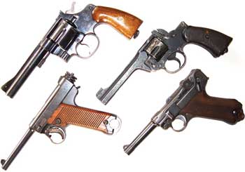 A modified double action 1917 Colt in .455 Eley (top left); Type 14 Nambu pistol from late 1920s in 8mm Nambu calibre (bottom left); .38 Enfield revolver (top right); and Erfurt-manufactured Luger from 1917 in 9mm (bottom right)