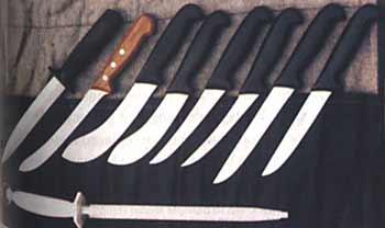 A wrap of top quality trade blades manufactured in Germany under the trade of F Dick. The oval sharpening steel is manufactured and marketed by Egginton of Sheffield, England.