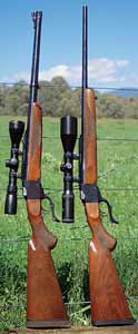 A pair of classic single shot hunting rifles. Left is a 1-H Tropical rifle in .458 Win. Mag. fitted with a 1.5-6x42 Lynx Professional scope. Right is a 1-B Standard rifle in .300 Win. Mag. fitted with a 3-12x56 Schmidt and Bender.